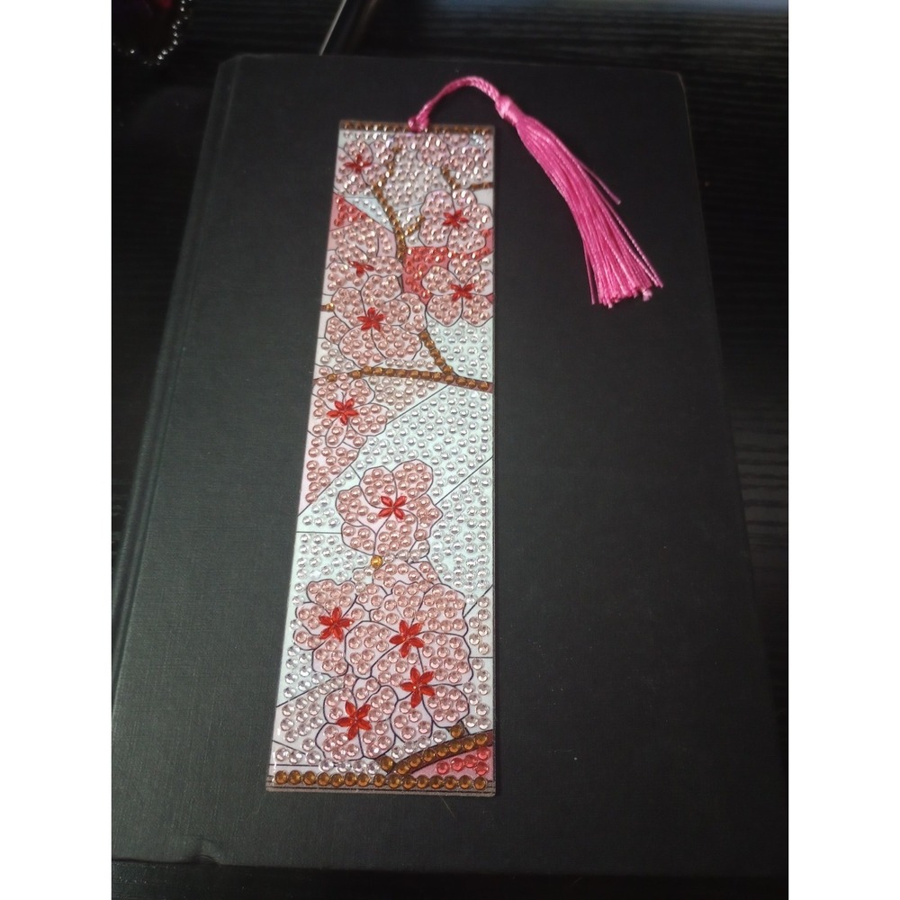 Handmade Diamond Painting Cherry Blossom Bookmark Pink Tassel 7.5" Floral